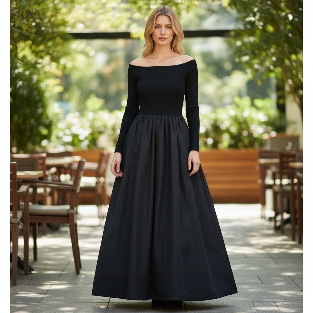 J. Crew (Black) Long Sleeve Mixed-Media Maxi Ballet Dress Womens Size L